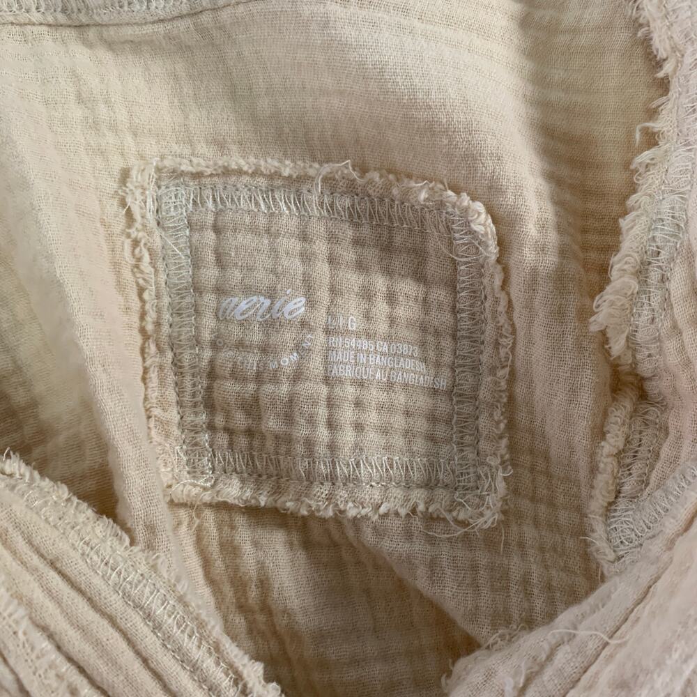 Aerie Gauzy Coverup Shirt L Oversized Button Front Textured Pool to Party Beige - Picture 3 of 10